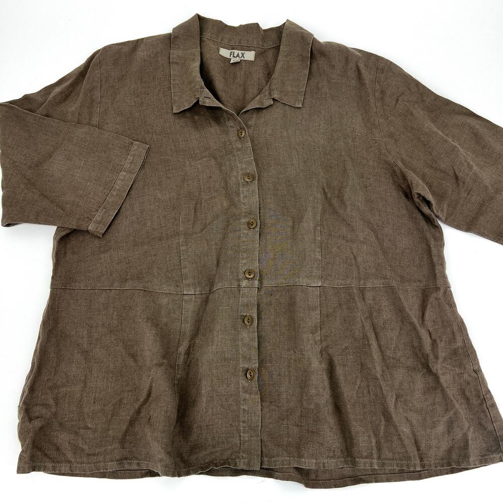 VTG Flax Womens 100% Linen Cocoa Brown Button Up Top Short Sleeve Sz 1X Preowned